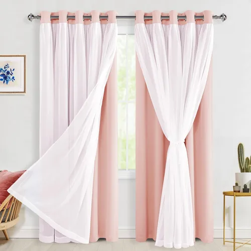 Miniatura 76 de Hiasan Cortinas opacas con superposición transparente, aislamiento térmico para mezclar y combinar de doble capa, cortinas de oscurecimiento de Beige