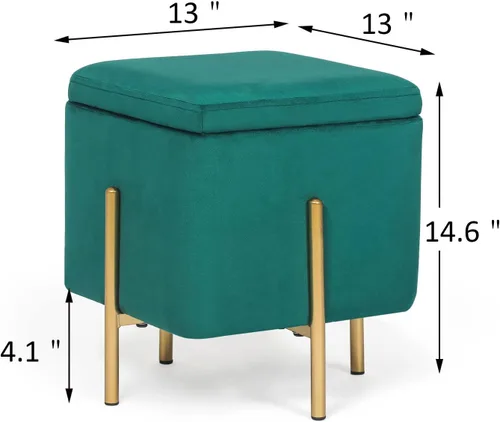 Miniatura 3 de Otomana cuadrada de almacenamiento de terciopelo, taburete de tocador multifunción, reposapiés, patas de metal de alto soporte, color verde pavo real