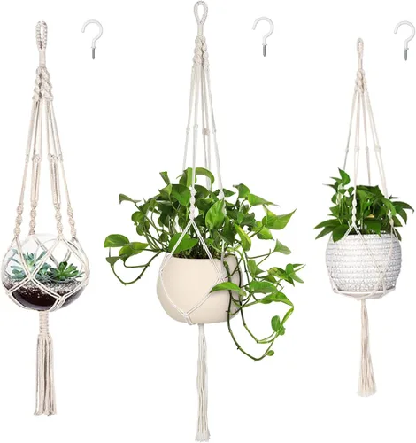 MIPON - Paquete de 3 perchas de macramé para interiores con 3 ganchos, soporte para macetas colgantes para plantas, tamaños de 46"/41"/34", para