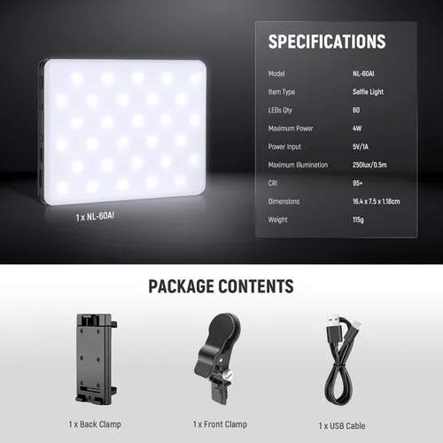 Miniatura 9 de NEEWER Basics NL-60AI - Luz para selfie para teléfono con clip frontal y trasero, 60 LED 2000 mAh recargable CRI95+, 3 modos, iluminación de relleno