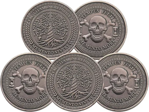 Remuuly 5 monedas Memento Mori con diseño de calavera y árbol de Memento Vivere, monedas en relieve para recordatorios, tomador de decisiones,