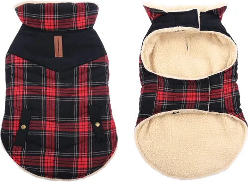 Miniatura 2 de Abrigo de invierno para perros pequeños y medianos, chaqueta a cuadros para cachorros, abrigo de algodón para clima frío, prendas cálidas y Rojo