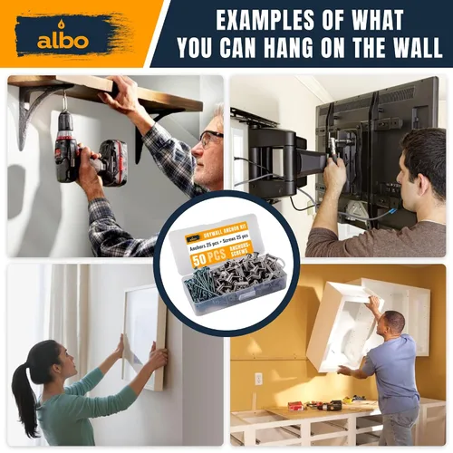 Miniatura 7 de Kit de anclaje para paneles de yeso Albo Anclajes de pared huecos con tornillos 50 piezas. (Anclaje gris 25 piezas + tornillos 25 piezas) Anclajes