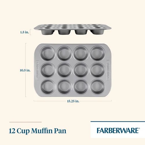 Miniatura 2 de Farberware, utensilio para hornear antiadherente, asadera para muffins (12 copas), color gris, Sartén para muffins, 12 tazas, ninguno , Gris