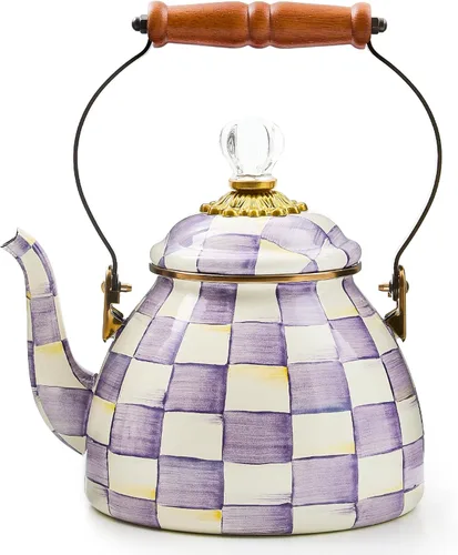 Miniatura 14 de MACKENZIE-CHILDS Tetera esmaltada, elegante tetera para estufa, cuadros cortesanos en blanco y negro, 3 cuartos de galón color fantasía