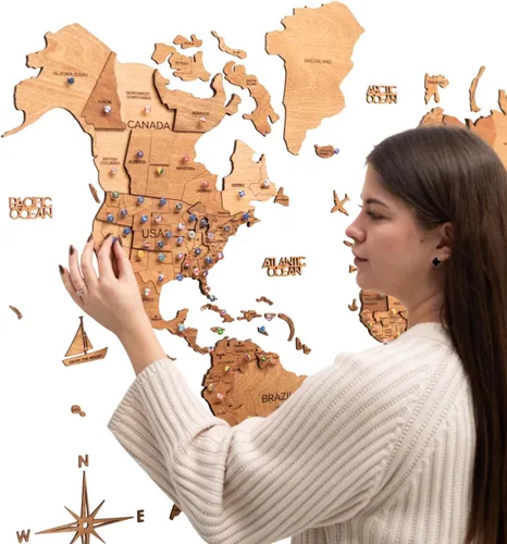 Miniatura 10 de ENJOY THE WOOD Arte de pared con mapa del mundo de madera 3D, decoración de pared de madera grande, idea de regalo de inauguración de la casa, arte