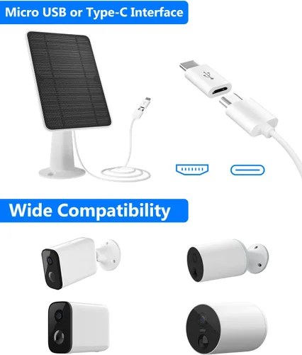 Miniatura 4 de Panel solar para cámara de seguridad, panel solar USB de 5W para cámara de seguridad DC 5V, panel solar con puerto micro USB y USB-C, cargador solar