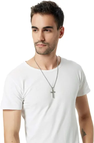 Miniatura 7 de REVEMCN Collar con colgante de cruz de Jesús de acero inoxidable para hombres y mujeres, cadena Rolo de 20 a 24 pulgadas, regalos cristianos