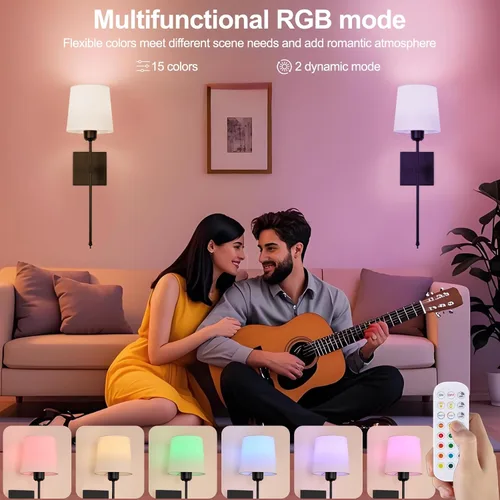 Miniatura 2 de Juego de 2 apliques de pared a pilas, luces de pared recargables inalámbricas negras con bombillas RGB recargables regulables, lámpara de pared