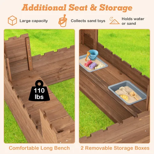 Miniatura 6 de HONEY JOY Caja de arena para niños, pozo de arena sin fondo de cedro para patio trasero, 4 banderas rojas y forro inferior, banco lateral y 2 cajas