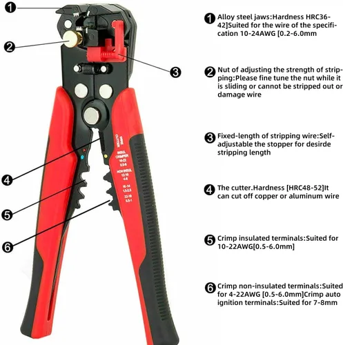 Miniatura 4 de Cortador de alambre autoajustable 5 en 1, herramienta multifuncional para prensado de cables, engarzado, corte, 10-24 AWG, 0.2-6.0 mm², (rojo)