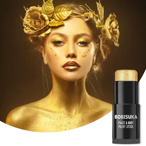 Miniatura 6 de BOBISUKA Palo de pintura facial dorada, impermeable, metálico, dorado, de cuerpo completo, kit de pintura mezclable para Halloween, maquillaje SFX