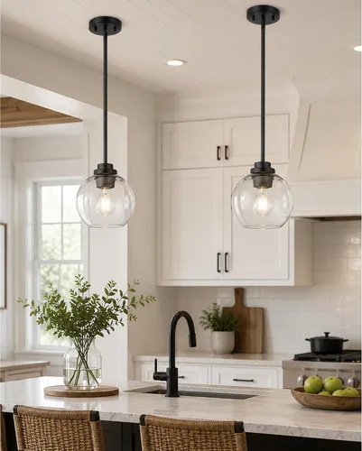 Miniatura 23 de Luces Colgantes de Latón para Isla de Cocina Paquete de 2, Luz Colgante Dorada Estilo Granja con Pantalla de Globo de Vidrio Transparente