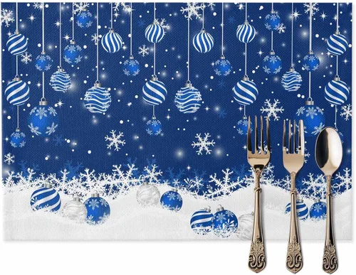 Miniatura 2 de Juego de 6 manteles individuales de mesa de Navidad, manteles individuales de algodón y lino antideslizantes lavables, bolas de Navidad, copos