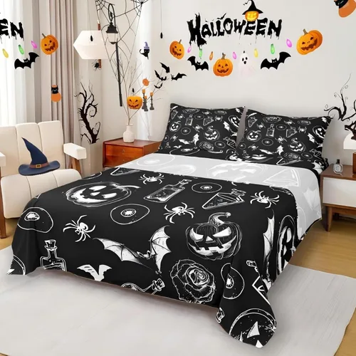 Miniatura 11 de Erosebridal Juego de sábanas de Halloween con diseño de fantasmas de dibujos animados, decoraciones de calabaza de Halloween, juego de sábanas