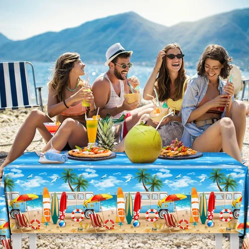 Miniatura 6 de 3 manteles de playa de verano, fundas de mesa temáticas de playa, decoración de mesa temática de cumpleaños hawaiano para verano, piscina, surf
