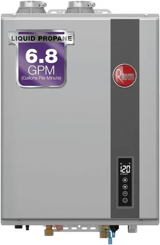 Rheem - Calentador de agua de propano líquido sin tanque y con condensación, para interiores, hasta 6.8 GPM, 120,000 BTUs de agua caliente super