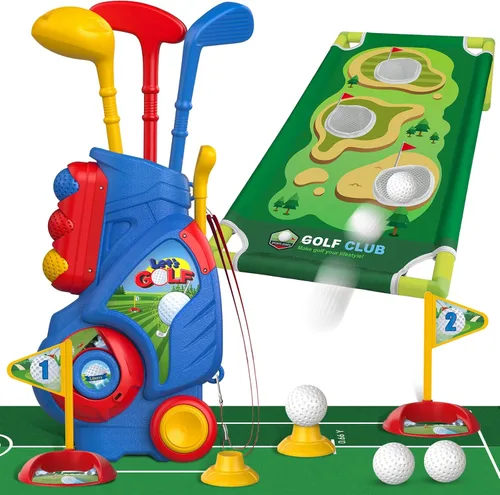 Liberry Juego de Golf para Niños Pequeños de 2, 3, 4, 5 Años Niños Niñas, Carrito de Golf Mejorado para Niños con Tablero de Cornhole de Golf y