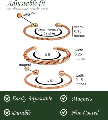 Miniatura 4 de Pulseras de cobre Touchstone regalo para hombres y mujeres joyería magnética 100% pura y sólida ajustable juego de pulseras hechas a mano