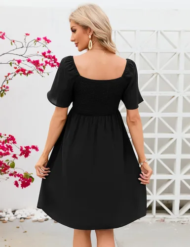 Miniatura 3 de KOJOOIN Vestido de maternidad de verano para mujer, lazo en la espalda, cuello cuadrado, manga abombada, hombros descubiertos, vestido de baby shower