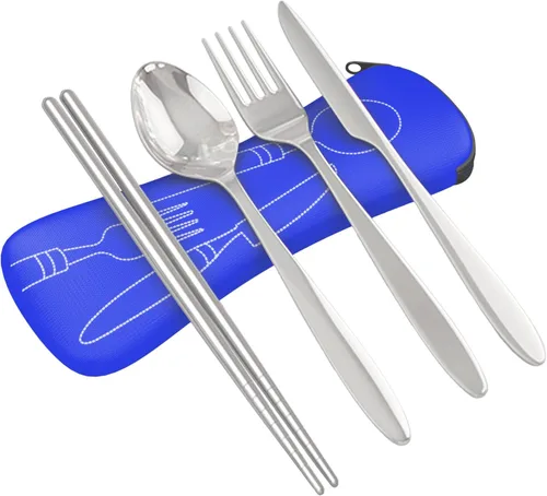 Set de 4 unidades (cuchillo, tenedor, cuchara, palillos) para Viajes/Camping –Cubertería de acero inoxidable con funda de neopreno Juego de 4 piezas