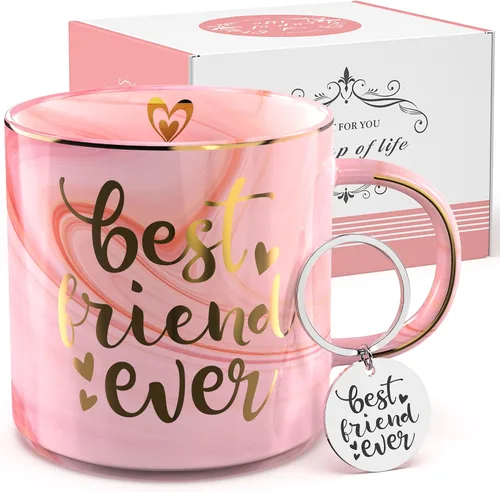 Regalos para mejores amigas para mujeres, taza de café de mármol de cerámica rosa de 11.5 onzas con llavero - BFF Friend Ever - Regalos divertidos