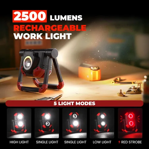 Miniatura 2 de Yzoni Luz de Trabajo LED Recargable, 2 COB 2500LM Luz de Inundación Plegable Portátil con Base Magnética y Soporte de Rotación de 360°, Focos