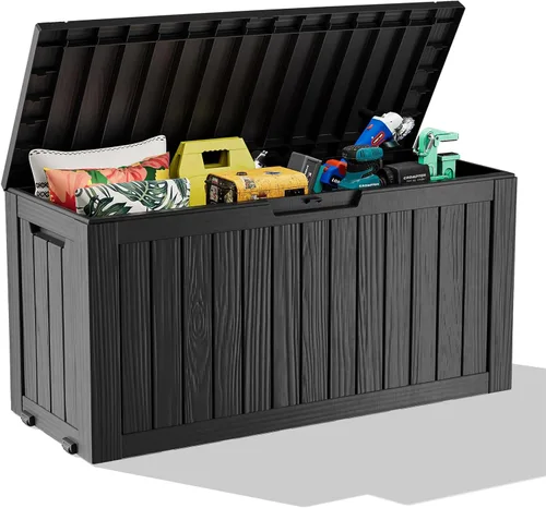 Miniatura 21 de Caja de cubierta para exteriores de 120 galones, cajas de almacenamiento impermeables con cerradura para herramientas de jardín, cojines de Gris