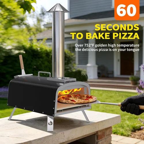 Miniatura 4 de PIZZELLO Horno de pizza para exteriores de 12 pulgadas, con propano y leña, multicombustible, con quemador de gas, bandeja de madera, piedra, Negro