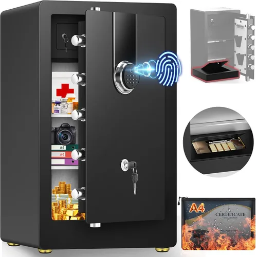 Miniatura 9 de Caja de seguridad biométrica ignífuga grande de 23.62 pulgadas de alto, resistente acceso rápido con bolsa de documentos ignífuga, 3 estantes