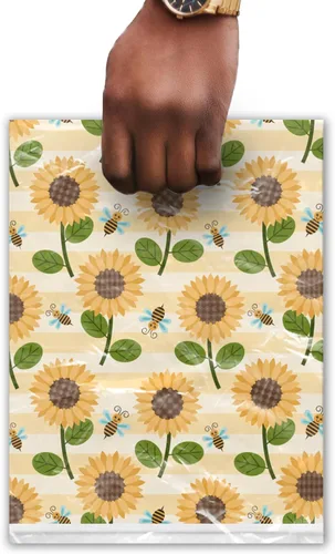 Miniatura 5 de Bolsas de mercancía de diseño de girasoles y abejas de 12 x 15 pulgadas, 50 unidades, con asas troqueladas, bolsas de compras impresas de primera