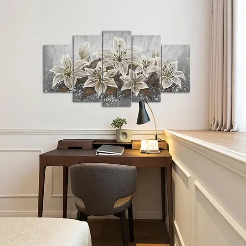 Miniatura 5 de SkenoArt 5 paneles de flores de lirio, arte de pared de lirio gris, marrón, blanco, decoración de pared, arte de pared de lirio floreciente