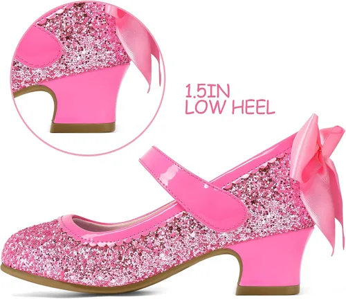 Miniatura 4 de K KomForme Zapatos de vestir para niñas con purpurina Mary Jane tipo pump con lazo, tacón bajo para fiestas y bodas, zapatos de princesa