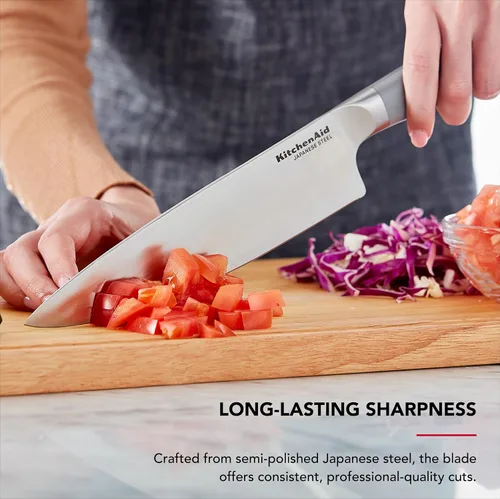 Miniatura 3 de KitchenAid Cuchillo de chef forjado gourmet con cubierta de hoja de ajuste personalizado, cuchillo de cocina afilado, hoja de acero inoxidable Gris