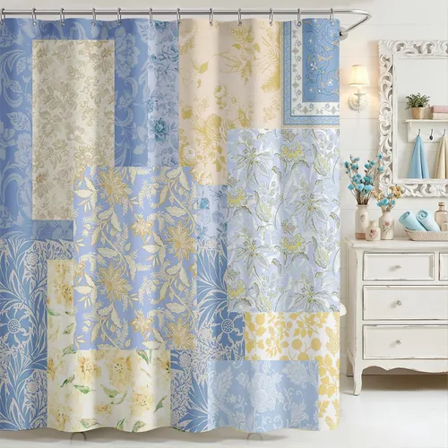 Cortina de ducha vintage con diseño floral retro, decoración de baño, impermeable, de mediados de siglo, con retazos, 72 x 72 pulgadas (azul, 72