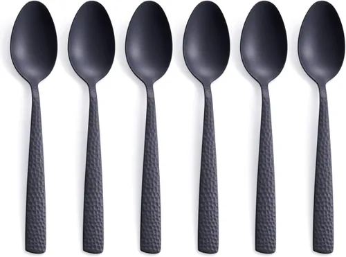 Juego de 6 cucharas de postre color negro mate, 7.0 pulgadas, acero inoxidable, color negro, acabado satinado