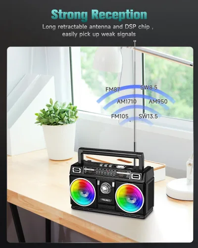 Miniatura 4 de PRUNUS 750 Radio AM FM Portátil con Bluetooth Altavoz Doble, Regalos para Papá y Mamá, Reproducción de Tarjeta USB/TF, Radios Recargables