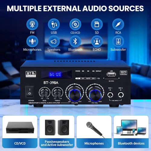 Miniatura 2 de Receptores de amplificador estéreo, BT-398A Bluetooth 5.0 amplificador de audio RMS 60W+60W 2.0 canales Mini amplificadores de sonido Amplificadores
