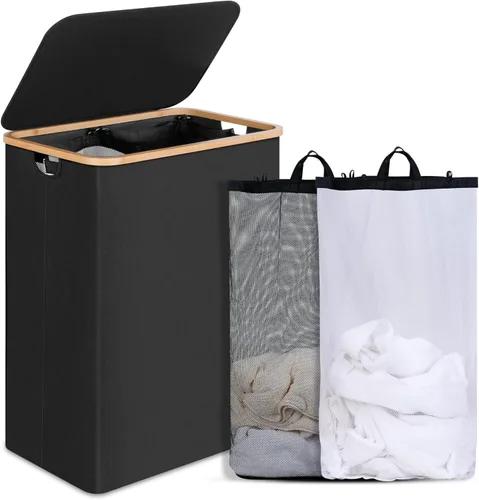 Miniatura 16 de efluky Cesta de lavandería con tapa y bolsa extraíble, cesta de lavandería de 100 litros de alto con asas de bambú, papelera estética para ropa Gris