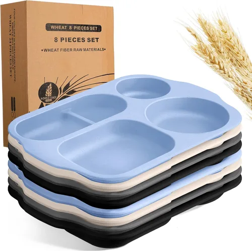 Vesici 8 piezas de platos grandes de 12 pulgadas irrompibles divididos para niños y adultos - Bandeja de paja de trigo - Aptos para microondas y