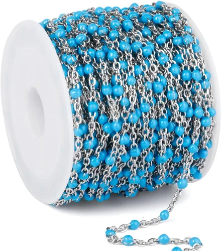 Miniatura 23 de Cadenas de esmalte dorado de 33 pies a granel, 2 mm, chapadas en oro de 18 quilates con PVD, acero inoxidable 304, cadena de eslabones con cuentas