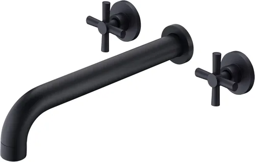 Miniatura 9 de Llenador de Bañera de Montaje en Pared Negro Mate Grifo de Bañera de Alto Flujo Dos Manijas Latón Sólido, Alcance de Caño Largo, sumerain