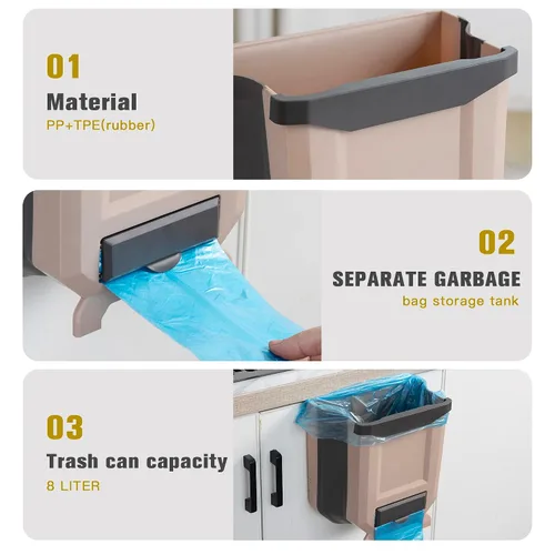 Miniatura 3 de Basurero Colgante de Cocina, Cubo de Basura Plegable para Cocina, Pequeño Cubo de Basura Colgante Plegable de Plástico de 2.4 Galones