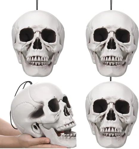 Miniatura 7 de Lenwen 12 piezas de decoración de cráneo de Halloween para colgar en el árbol de Navidad, cráneos pequeños de plástico para Halloween, cabeza