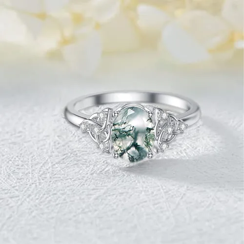 Miniatura 3 de MUUYON Anillo de compromiso de ágata musgo natural para mujer, oro real sólido de 14 quilates, ágata musgo, anillo de compromiso de novia con ágata