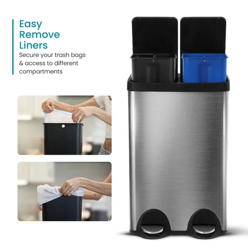 Miniatura 4 de Home Zone Living Bote de basura de cocina de 16 galones con compartimentos dobles para basura y reciclaje, tapas de cierre suave, pedales y forros