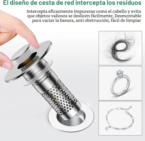 Miniatura 5 de Colador de drenaje para fregadero de baño, tapón universal emergente para fregadero atrapapelos, cesta de filtro de drenaje de acero inoxidable