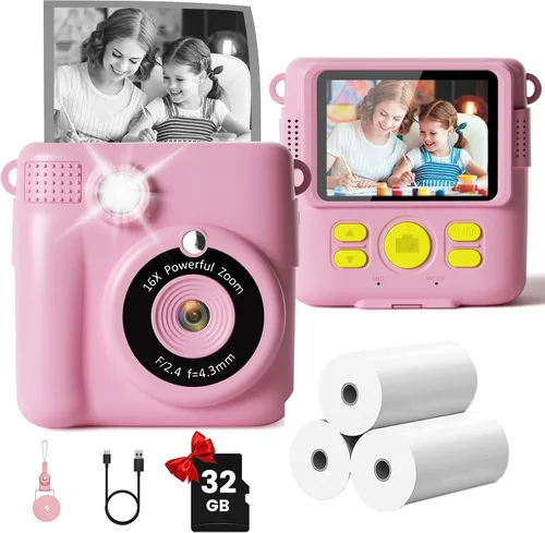 Miniatura 9 de GKTZ Cámara para niños de impresión instantánea: cámara de video digital de 2.4 pulgadas para niños pequeños y niños de 3 a 12 años, con 3 rollos