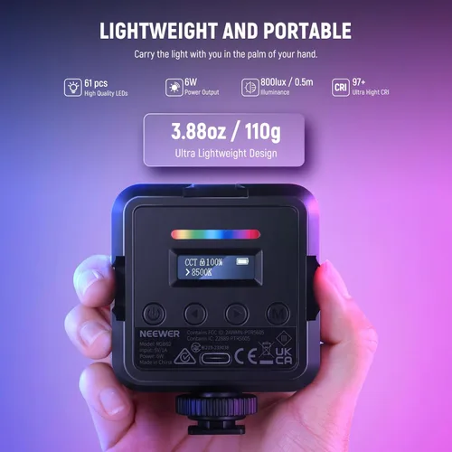 Miniatura 2 de NEEWER RGB62 Luz de video RGB magnética con control de APP mejorado, luz de cámara LED de color completo a 360° con 3 Cold Shoes CRI97+ 2500K-8500K