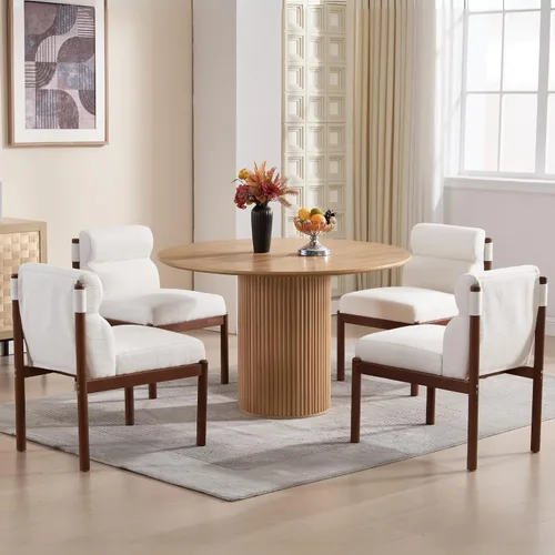Miniatura 12 de CIMOTA Juego de 6 sillas de comedor tapizadas modernas, de piel sintética, sillas laterales sin brazos Boucle con respaldo curvo/patas de madera